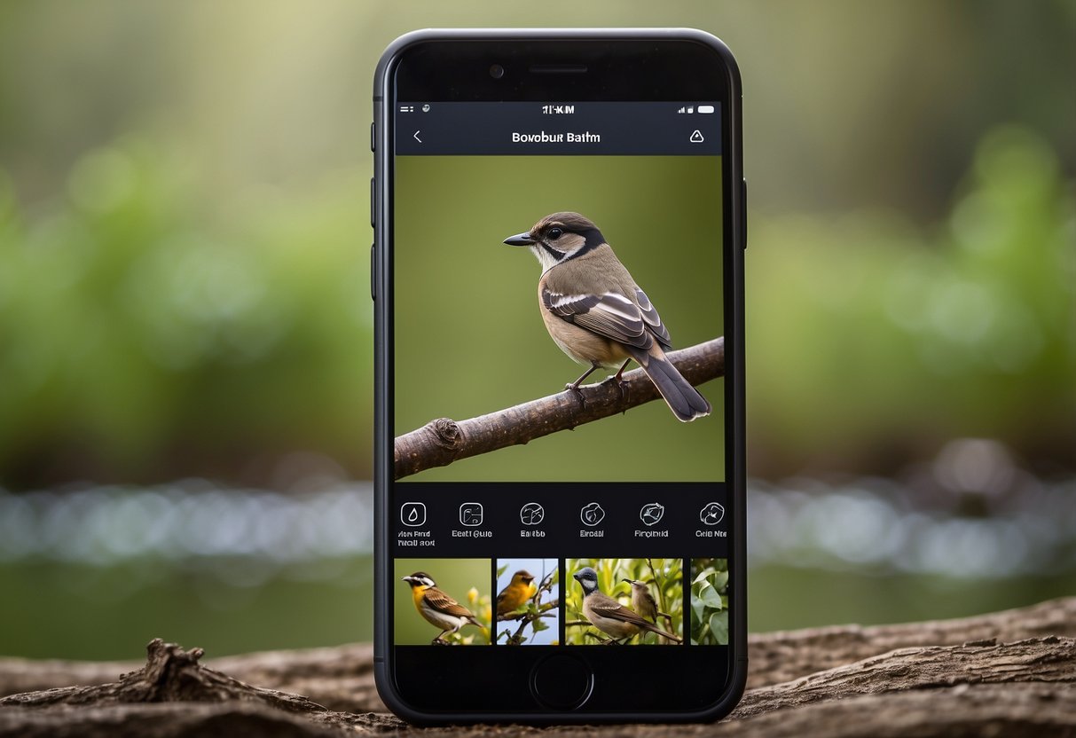 Birdwatching app displayed on a smartphone with bird illustrations, field guide, and nature background