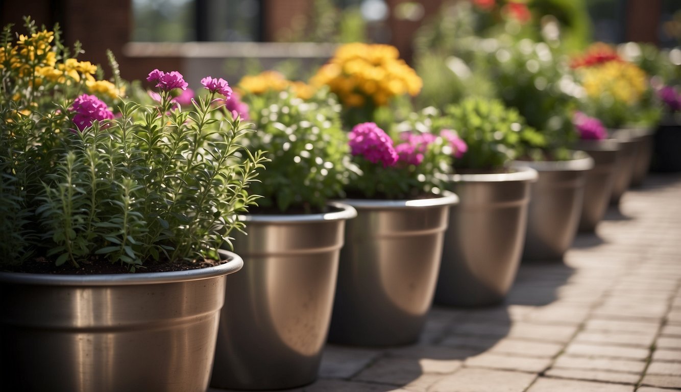 Steel garden pots arranged in a row on a sunny patio, filled with vibrant flowers and lush green plants