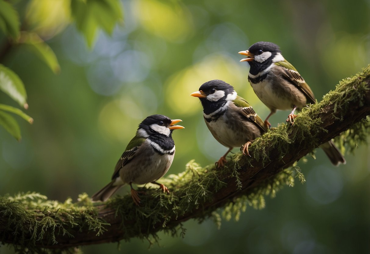 Birds chirping in a lush, green forest. A variety of colorful feathers and beaks are visible as they flit between branches and sing their songs