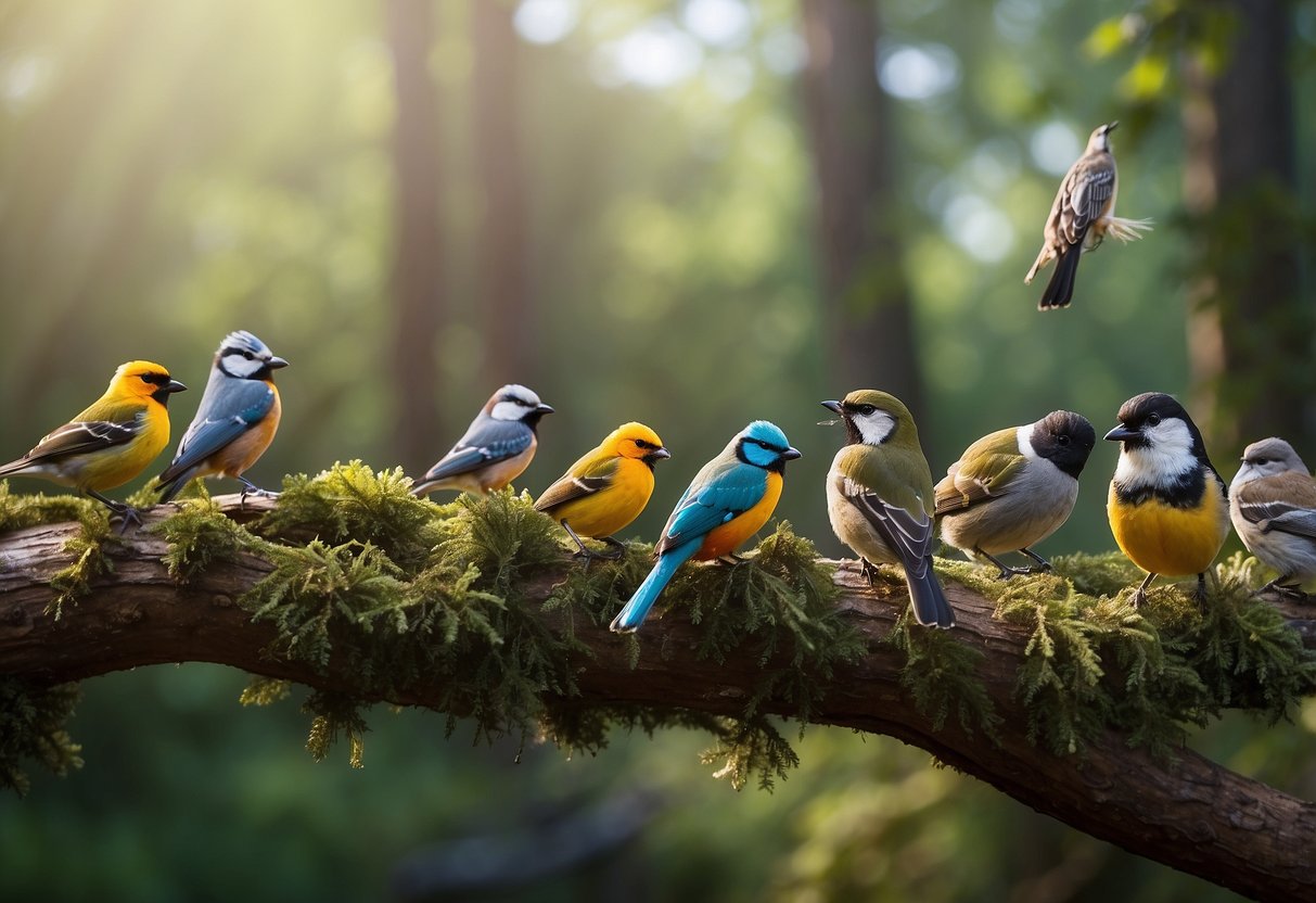 A serene forest setting with a variety of colorful birds perched on branches, while a person uses a smartphone to interact with bird watching apps