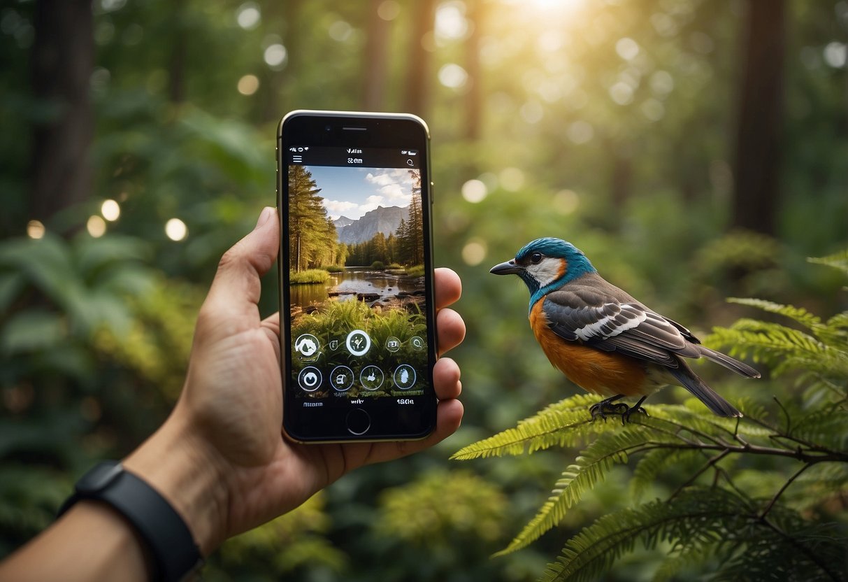 A smartphone with bird watching app icons displayed on the screen, surrounded by nature elements like trees, birds, and binoculars