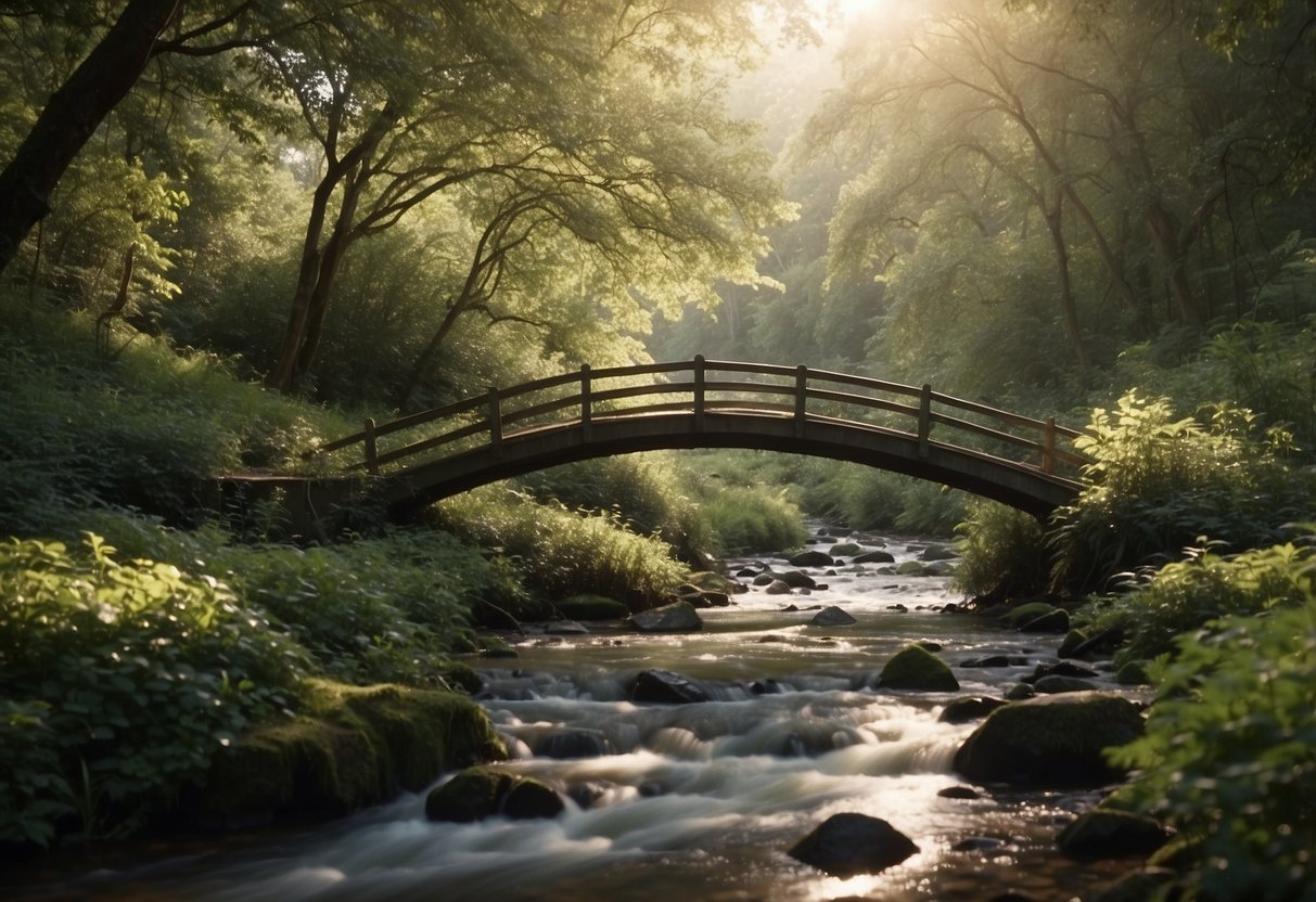 A peaceful forest clearing with a variety of bird species perched on branches and flitting between trees. A bubbling stream runs through the scene, with a small bridge providing a vantage point for birdwatchers