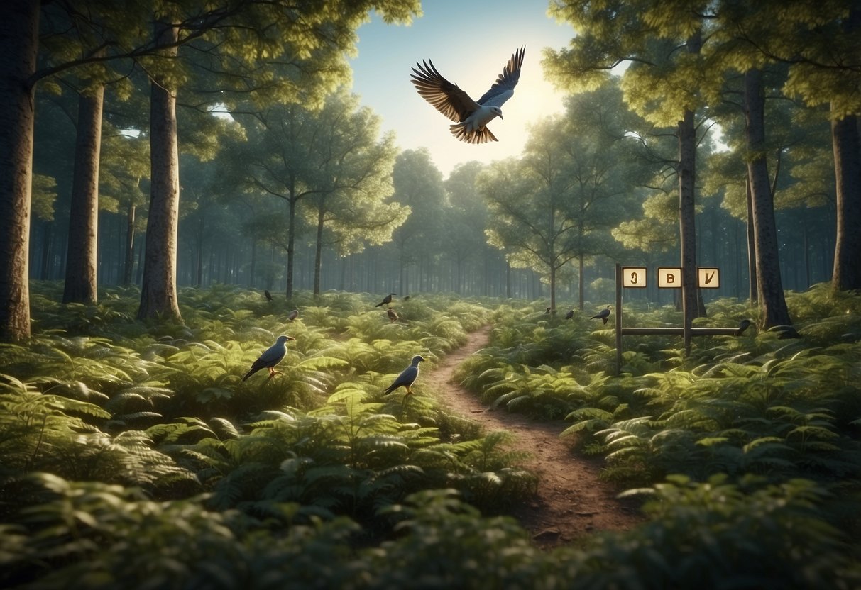 A serene forest clearing with a variety of birds perched on branches and flying overhead. A small sign reads "Bird Watching Club" and a map shows different bird watching spots