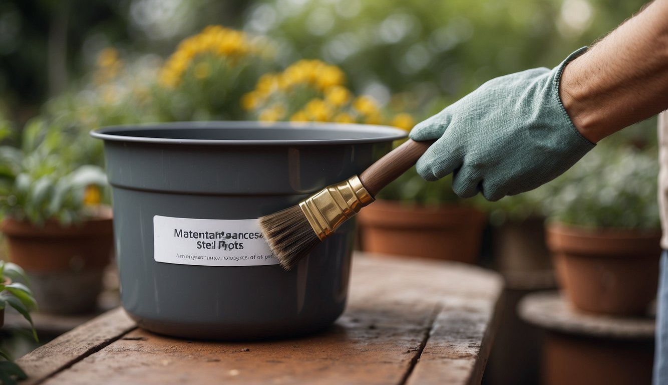 A hand holding a brush applies a coat of rust-resistant paint to a steel garden pot. A label reads "Maintenance Tips for Steel Pots."