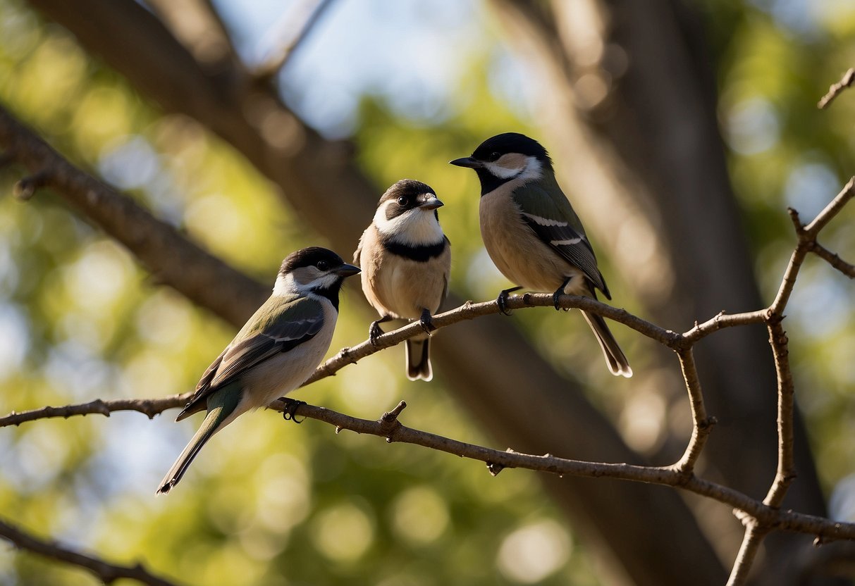 Birds flocking around feeders, perched on branches, and soaring through the sky. A variety of species in a lush, natural setting with birdwatchers observing from a distance