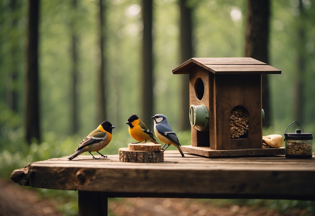 A tranquil forest clearing with a variety of bird feeders and birdhouses, surrounded by tall trees and a gentle stream. A pair of binoculars and a field guide lay on a rustic wooden table