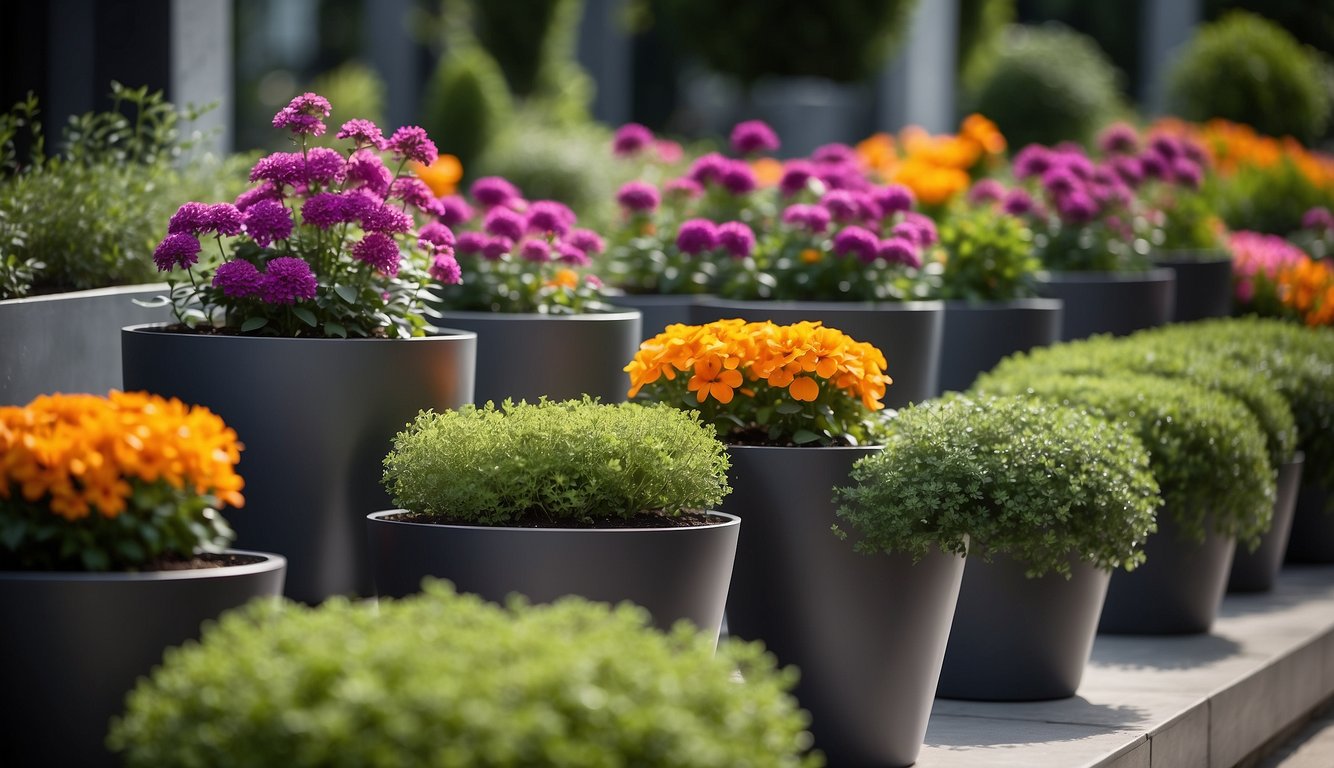 Vibrant flowers spill over the edges of sleek steel garden pots, adding a modern touch to the lush greenery. The pots are arranged in a geometric pattern, creating a visually striking and contemporary garden design