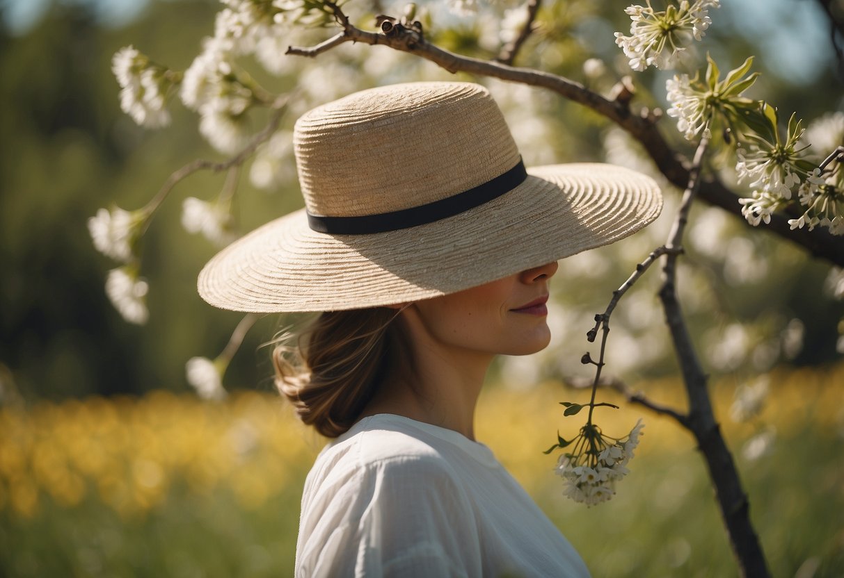 A sunny meadow with a woman's hat hanging from a tree branch, surrounded by chirping birds and blooming flowers