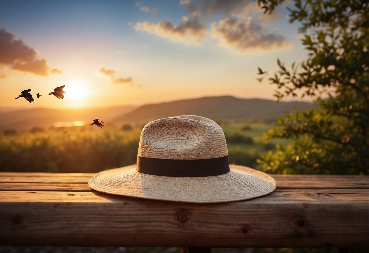 A woman's hat rests on a wooden bench, surrounded by a peaceful sunset scene with birds flying in the distance