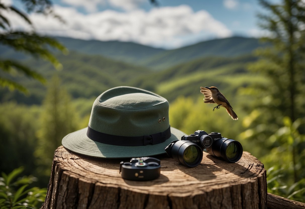 A woman's packable hat rests on a tree stump, surrounded by binoculars and a field guide. A bird perches nearby, and a lush forest stretches out in the background