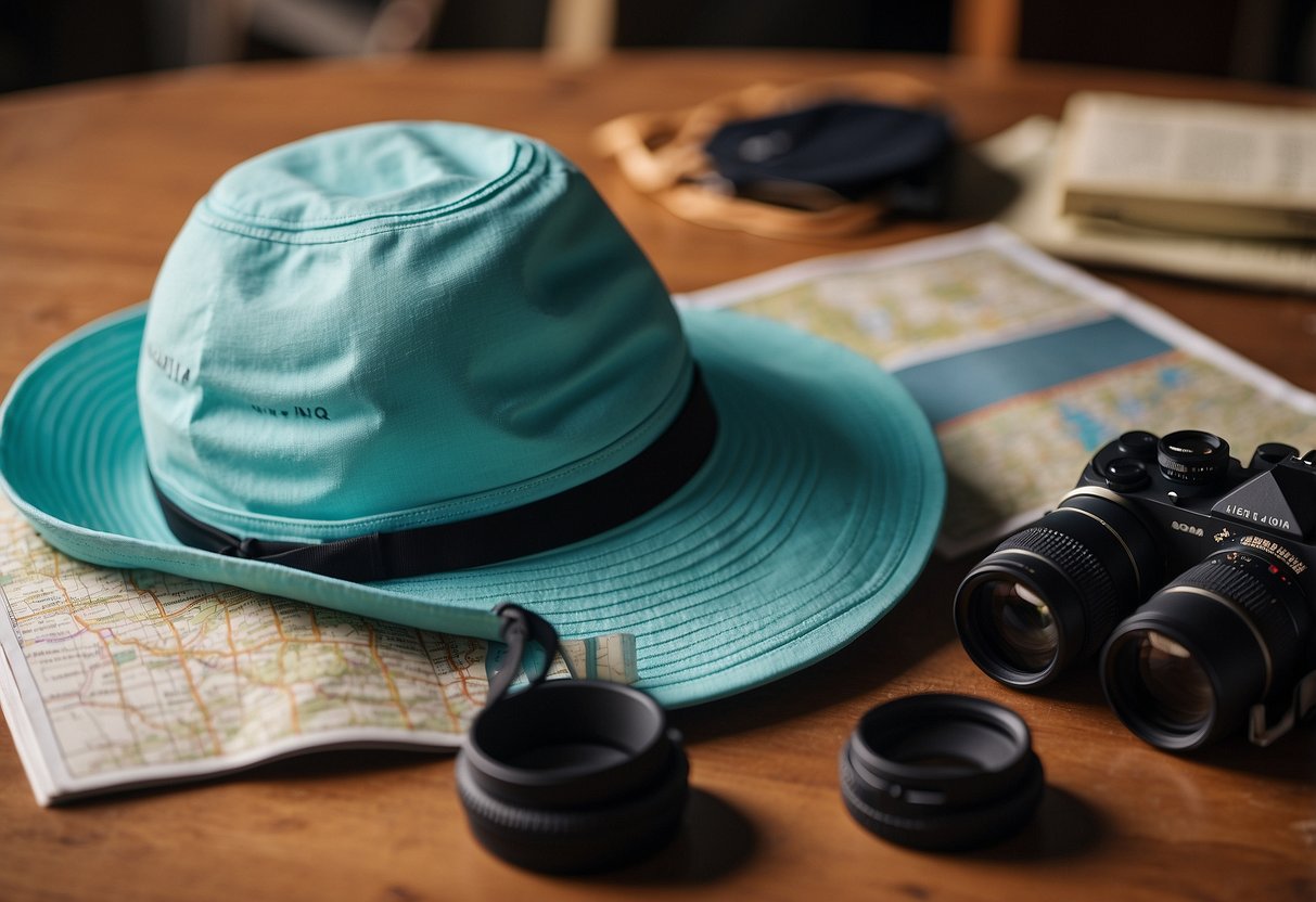 A woman's aqua sun hat sits on a wooden table, surrounded by binoculars, a field guide, and a map. The hat is lightweight and designed for bird watching