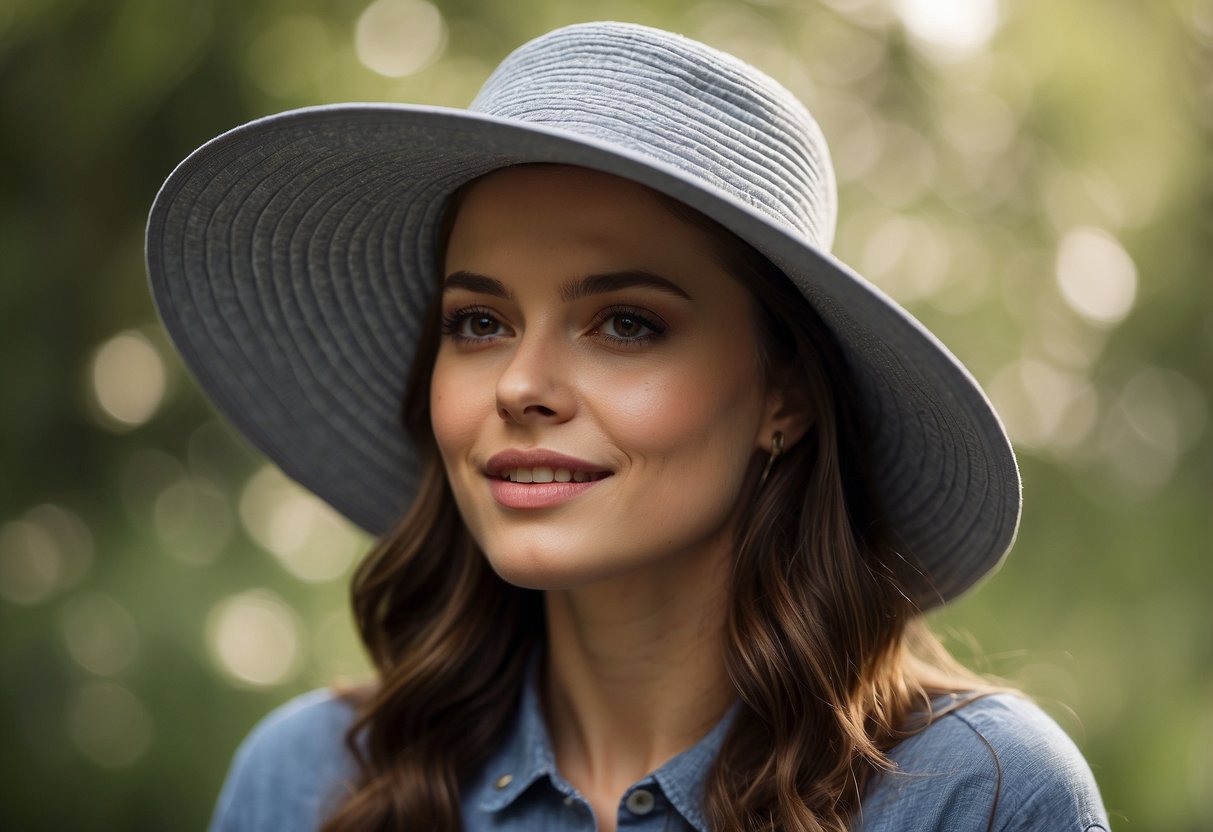 A woman's hat with a wide brim and adjustable chin strap, made of lightweight waterproof material, perfect for bird watching