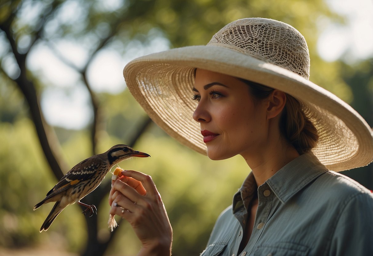 A woman wearing a BugStopper Net Sombrero, observing birds in a lightweight hat