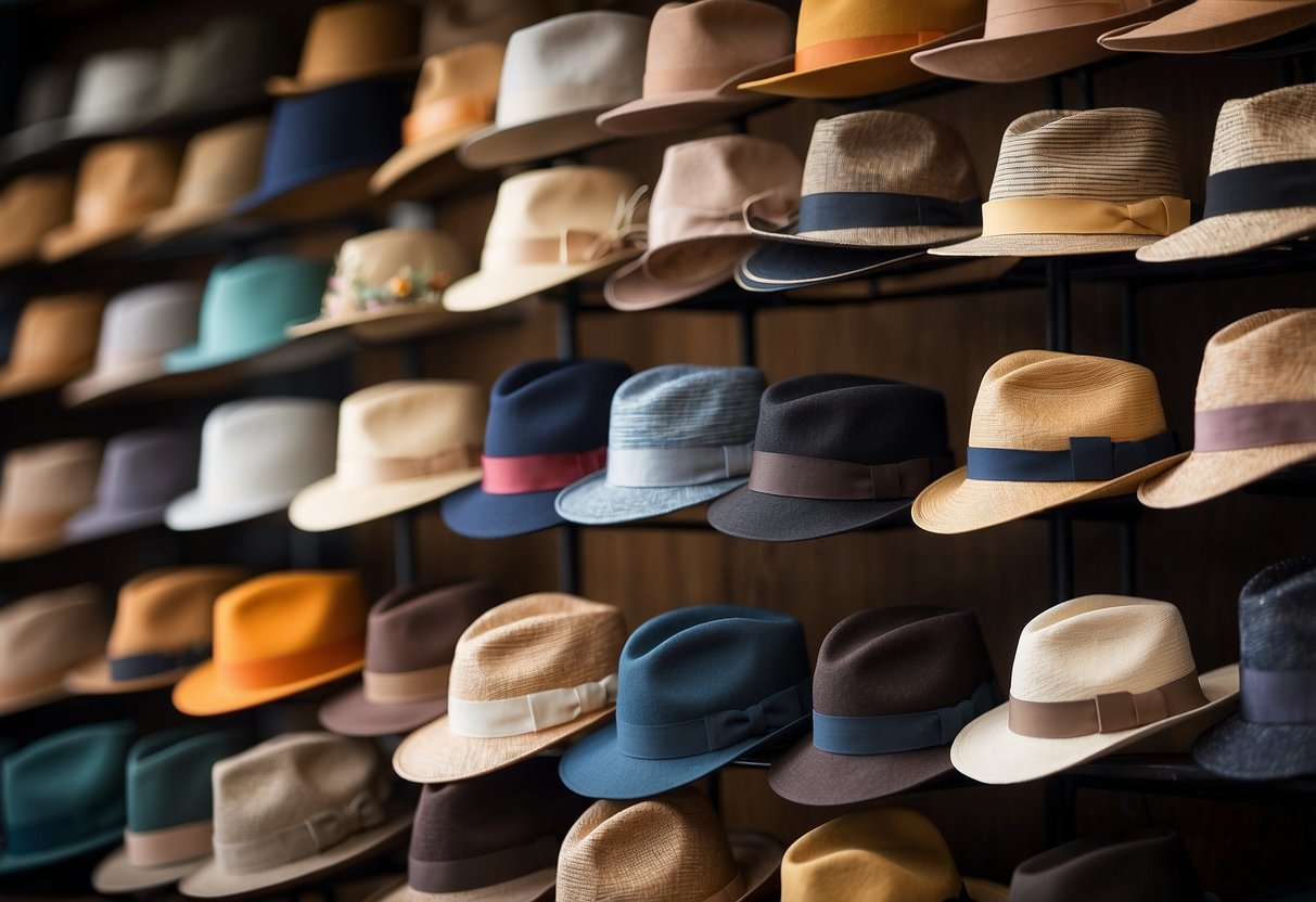 A woman's hat collection, featuring 5 lightweight options for bird watching. Each hat is displayed on a stand, showcasing different materials and designs