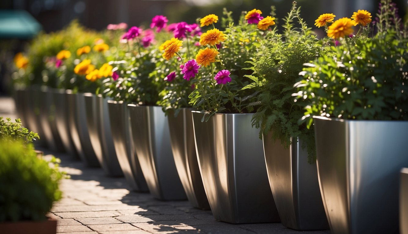 Metal garden planters arranged in a row, filled with vibrant flowers and greenery. The sun shines down, casting shadows on the sleek, shiny surfaces