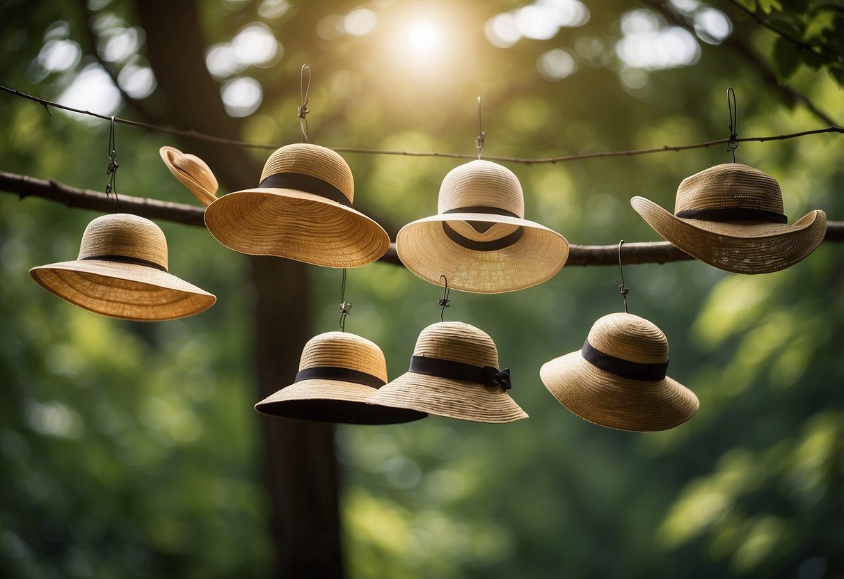 A sunny day in a lush forest, with a variety of lightweight hats hanging on tree branches. Each hat is designed for optimal comfort and ideal for women birdwatchers