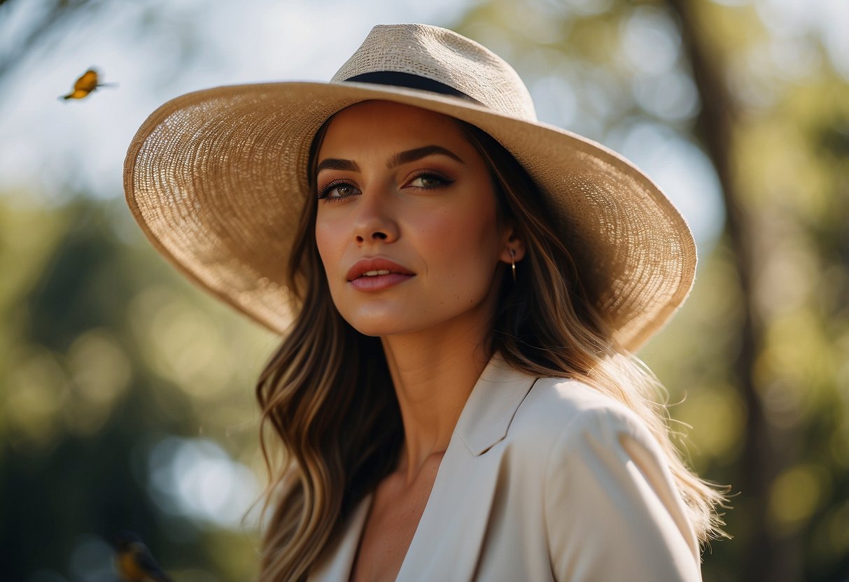 A woman's hat with wide brim, adjustable chin strap, breathable material, and neutral colors, surrounded by trees and birds