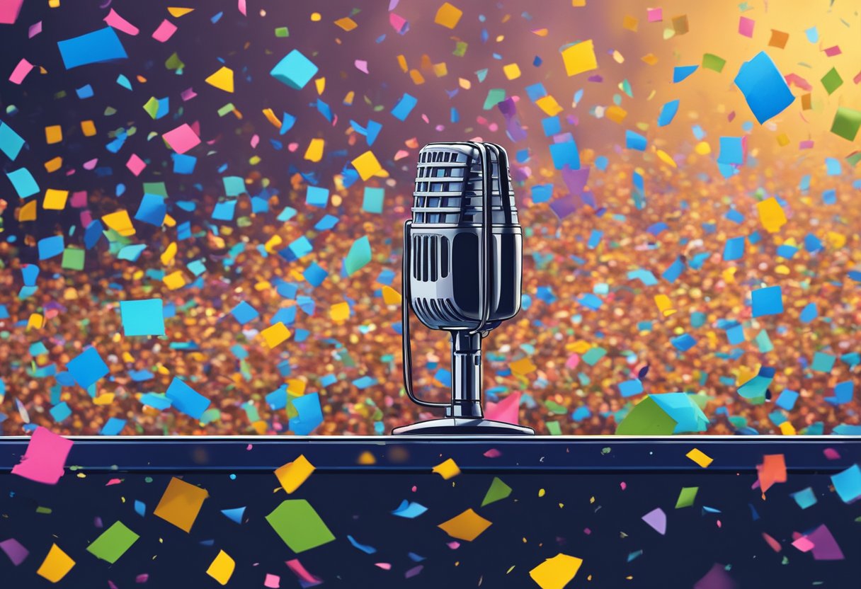 Nelly Furtado's abandoned microphone on a dimly lit stage, surrounded by scattered confetti and empty seats