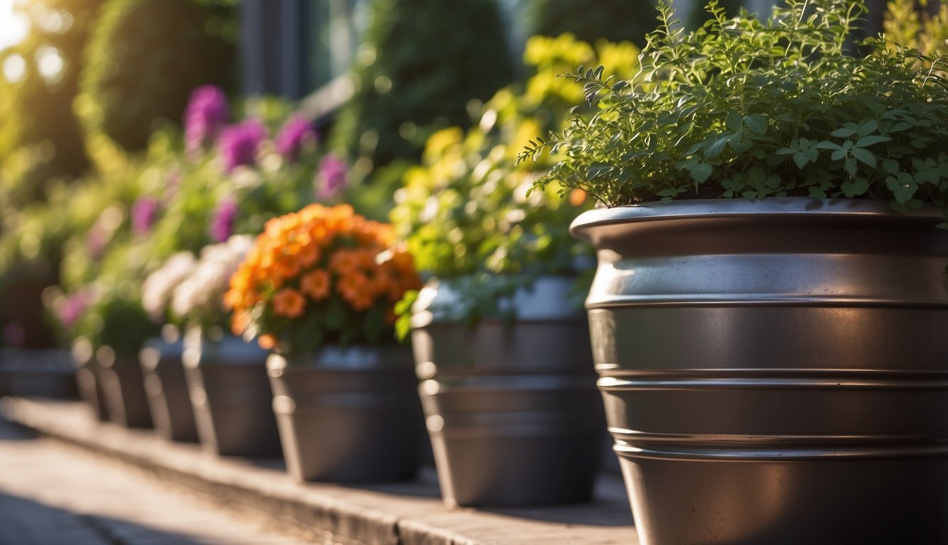 Metal garden planters gleam in the sunlight, showcasing vibrant blooms and lush greenery. A variety of sizes and shapes line a well-kept garden, adding a touch of elegance to the outdoor space