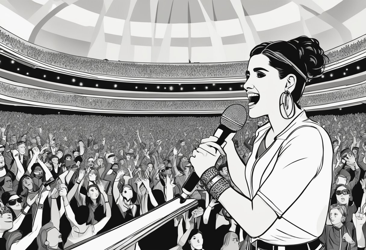 Nelly Furtado's rise to international stardom: a spotlight shines on a microphone center stage, while a cheering crowd fills a packed concert arena