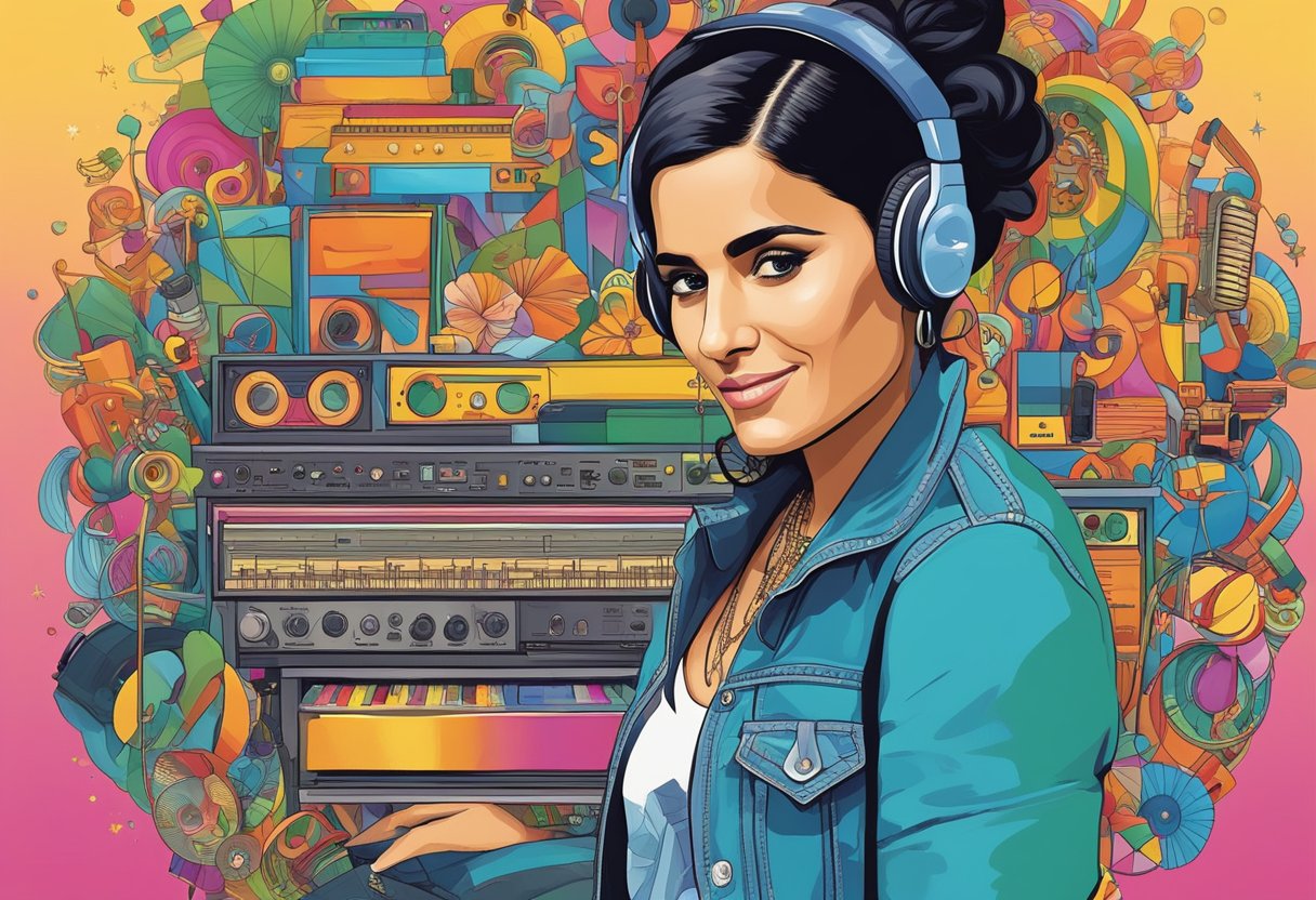 Nelly Furtado's journey through diverse music genres, from pop to folk to R&B, captured in a dynamic, colorful illustration