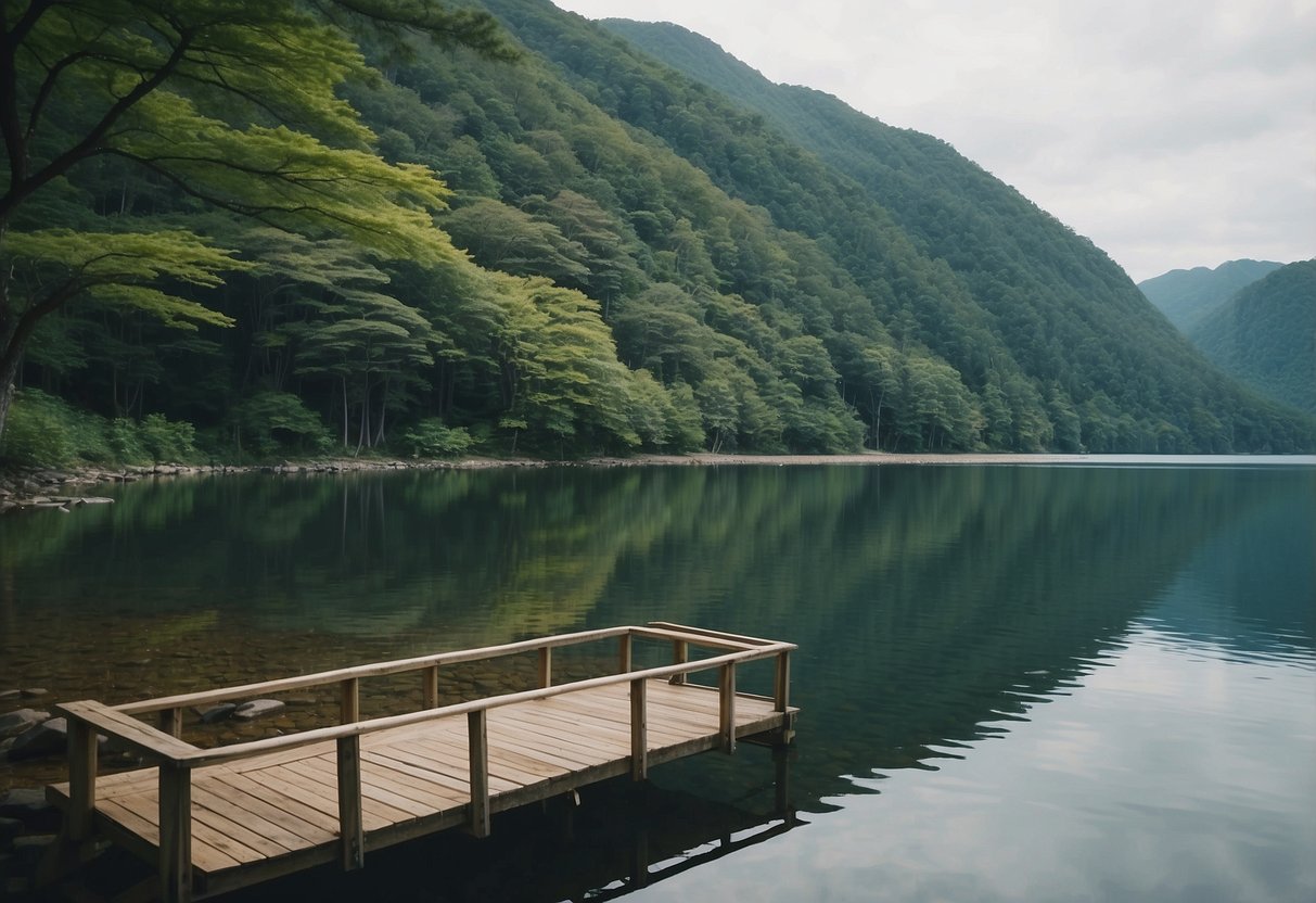 Lake Tofutsu, Japan: serene water surrounded by lush greenery. Birds soar and perch, creating a picturesque scene for birdwatchers