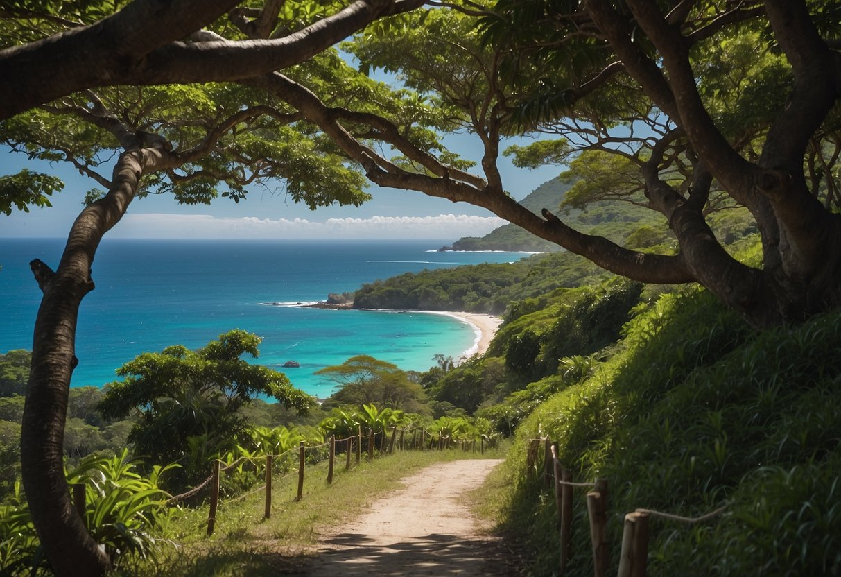 Lush greenery and winding paths on Olango Island, Philippines. Colorful birds flit between trees, with a backdrop of clear blue skies and sparkling ocean views