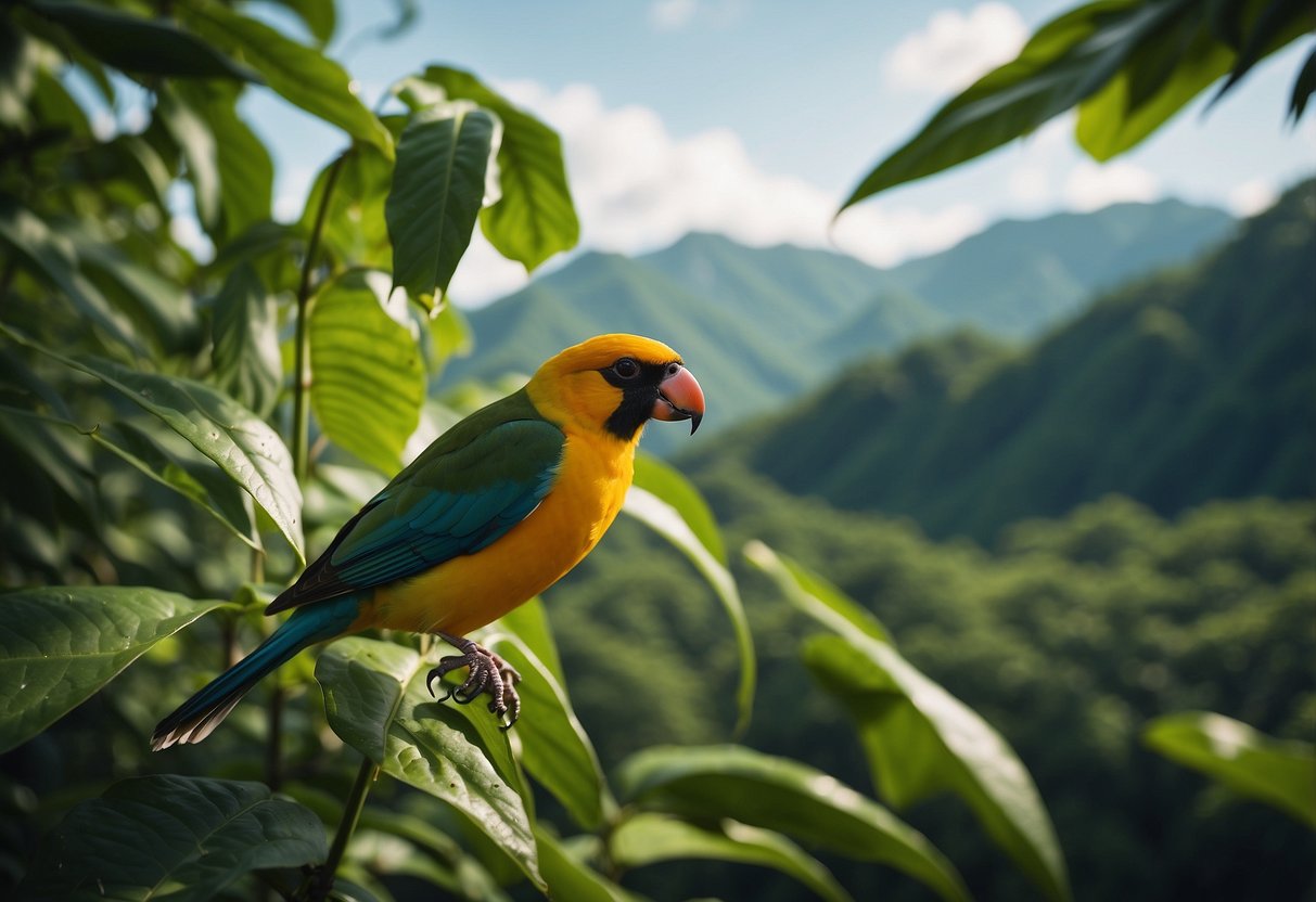 Lush green forests, winding rivers, and vibrant floral landscapes. Colorful birds soaring through the clear blue skies. A tranquil and picturesque setting for bird watching in Asia