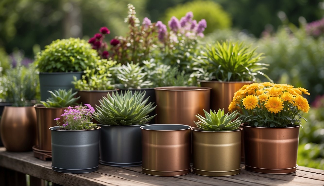 Various metal garden planters: steel, iron, copper. Rustic, modern, and industrial designs. Placed among lush greenery and colorful flowers