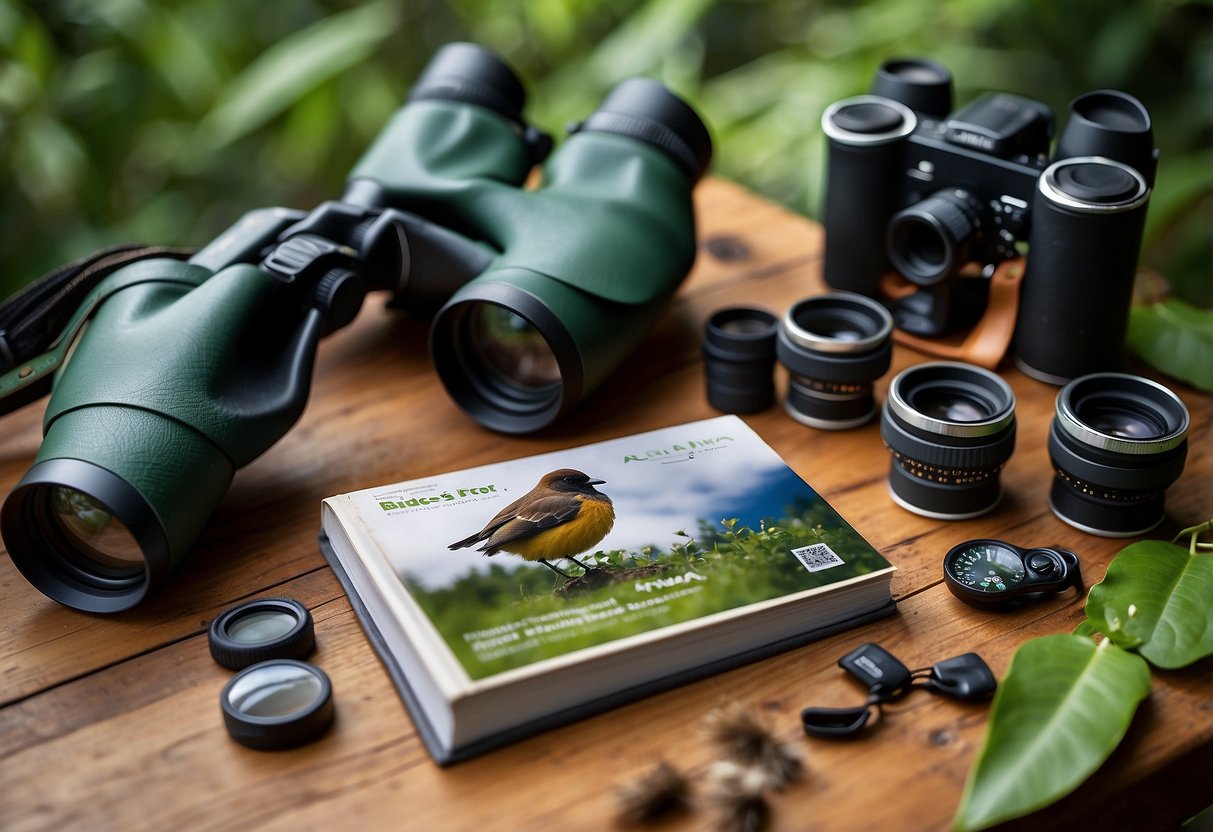 An array of binoculars, field guides, and cameras laid out on a rustic wooden table, surrounded by lush green foliage and colorful bird feathers