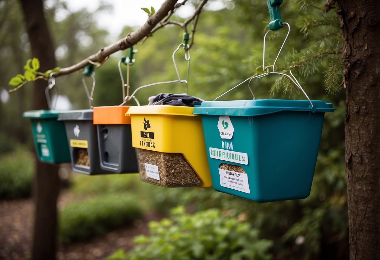 Bird feeders hang from a tree, surrounded by recycling bins and composting containers. A sign displays tips for managing waste while bird watching