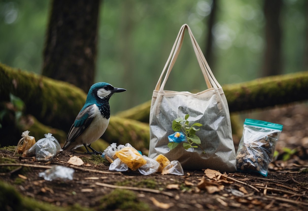 Bird watching scene with reusable bags: A serene forest setting with a bird perched on a branch, surrounded by various waste items. Reusable bags are prominently displayed, showcasing their importance in managing waste while bird watching