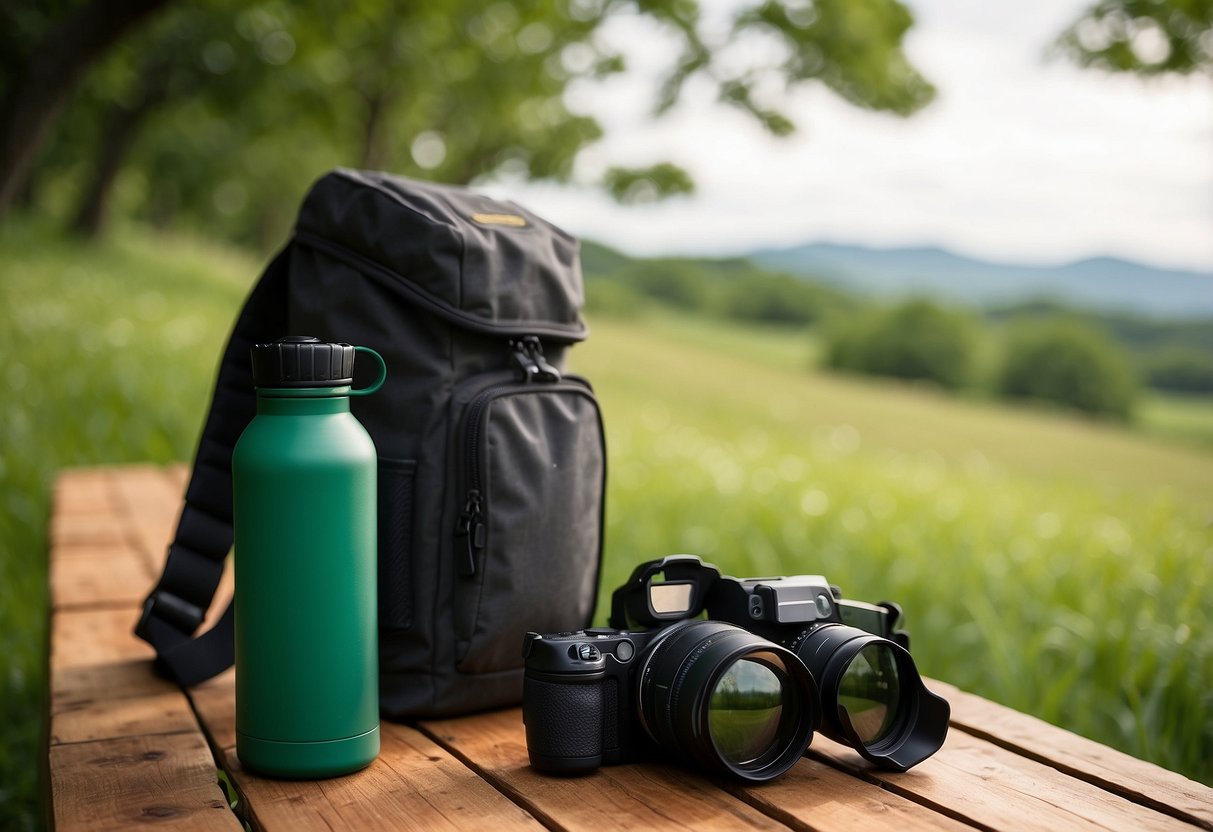 A portable water bottle sits next to a binocular case and a field guide on a wooden bench, surrounded by a lush green landscape