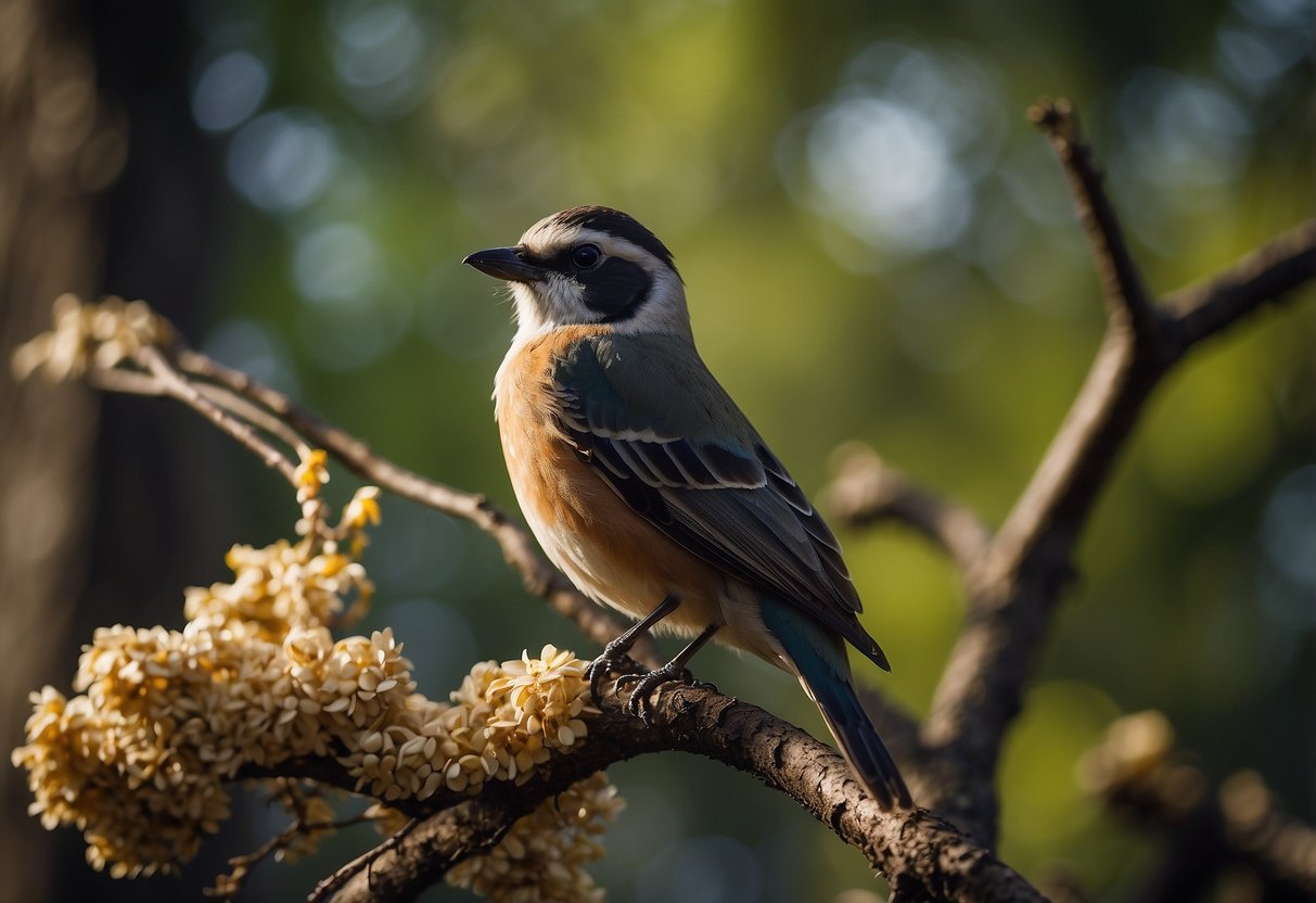 A bird perched on a tree branch, surrounded by discarded bird feed packaging and various other waste items. The bird is looking down at the mess, with a slightly sad expression