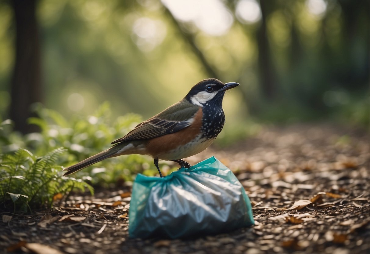 Birds forage near a trail, surrounded by trees and bushes. Litter is scattered on the ground. A bird watcher picks up trash and places it in a bag