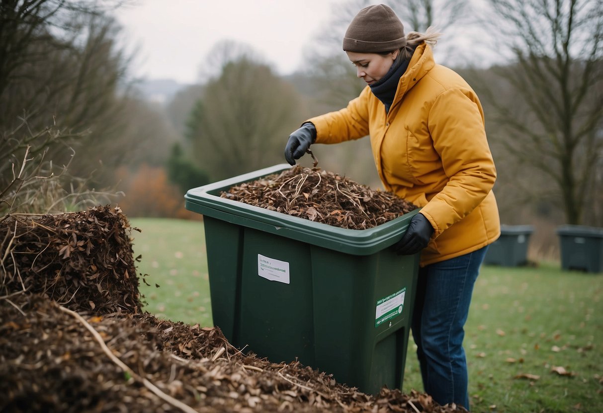 Birdwatching scene: A person placing biodegradable waste into a compost bin. Nearby, birds perch on trees and feeders. Tips for waste management are displayed in the background