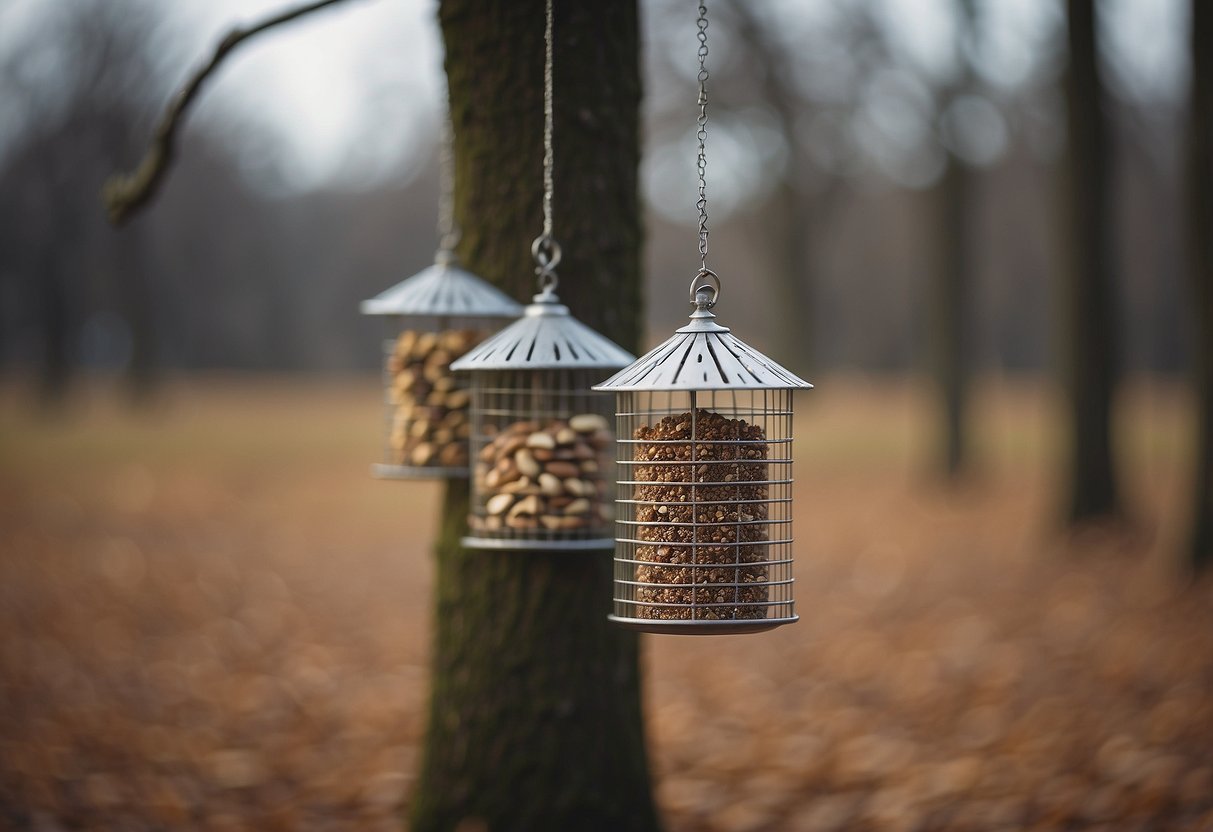 Bird feeders hang from tree branches, filled with seeds and nuts. Birds perch and peck, while fallen seeds litter the ground