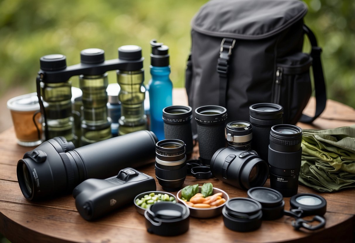 Bird watching gear arranged neatly with reusable water bottles, biodegradable snacks, and a trash bag. Binoculars and camera ready for use