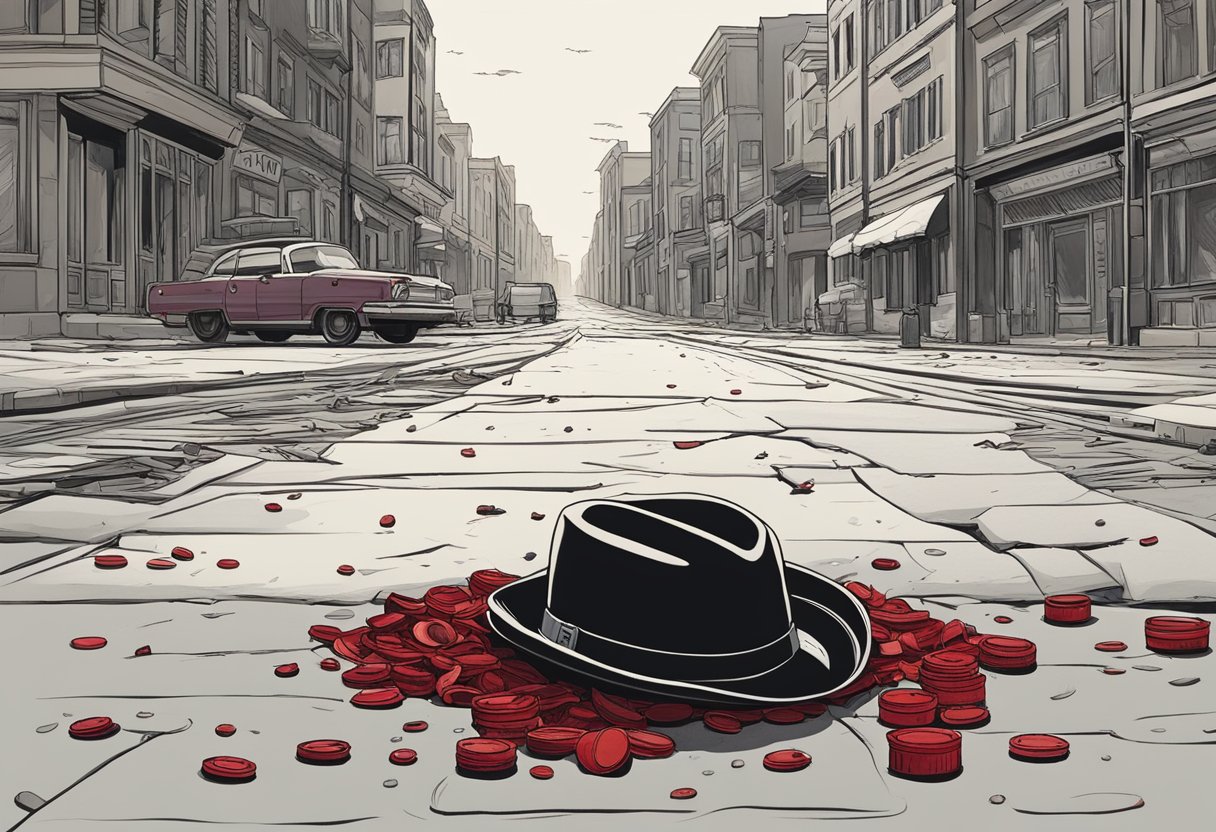 Carl's hat lies on the ground, surrounded by blood and empty bullet casings. The eerie silence of the abandoned street adds to the sense of loss and tragedy