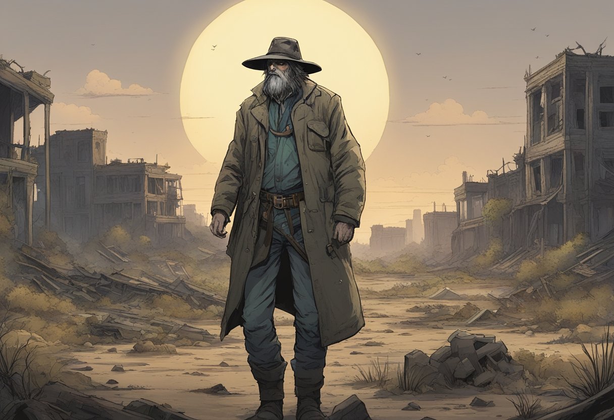 Carl stands alone in the desolate wasteland, surrounded by decaying buildings and overgrown vegetation. The eerie silence is broken only by the distant moans of the undead