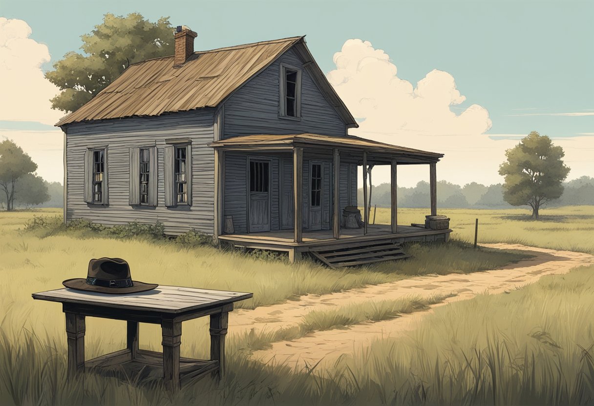 A deserted farmhouse with a lone hat and gun on the table, a sign of Carl's absence in 'The Walking Dead.'