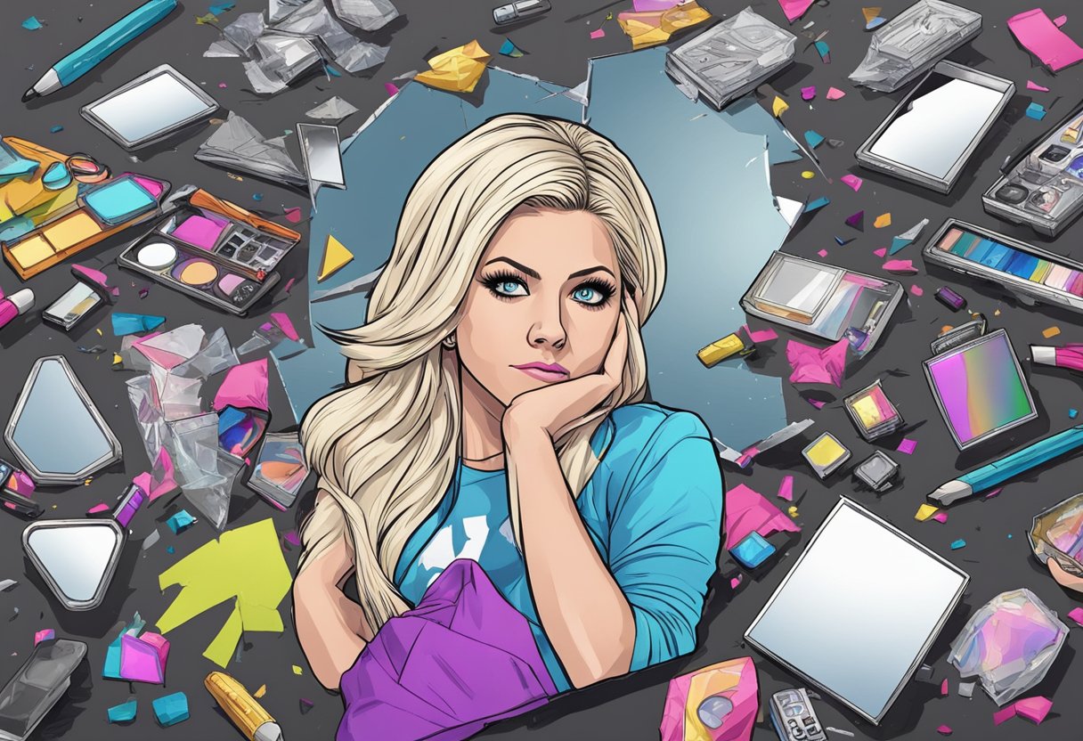 Alexa Bliss's belongings scattered on the ground, a shattered mirror reflecting her shocked expression