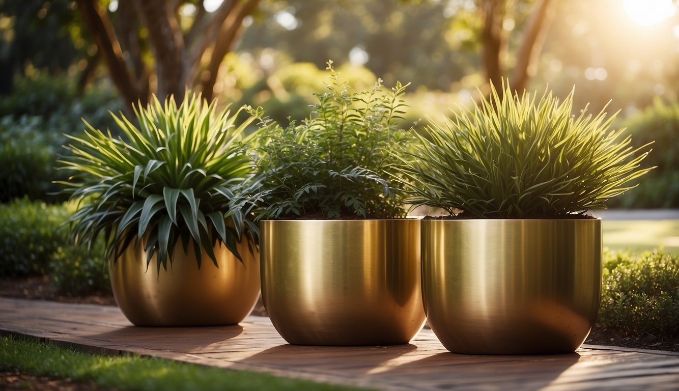 Three large brass planter pots sit in a lush Australian garden, catching the sunlight and adding a touch of elegance to the outdoor space