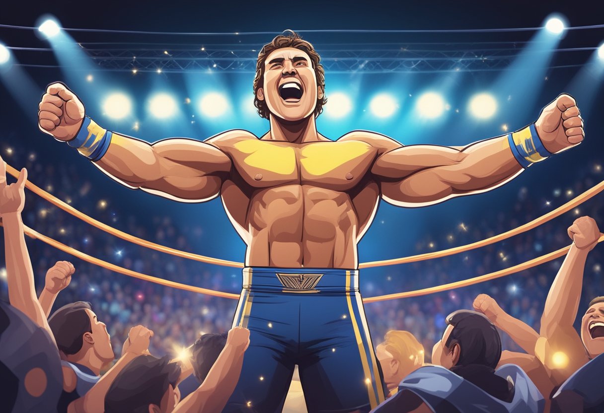A triumphant figure stands tall in the center of a wrestling ring, surrounded by cheering fans and flashing lights