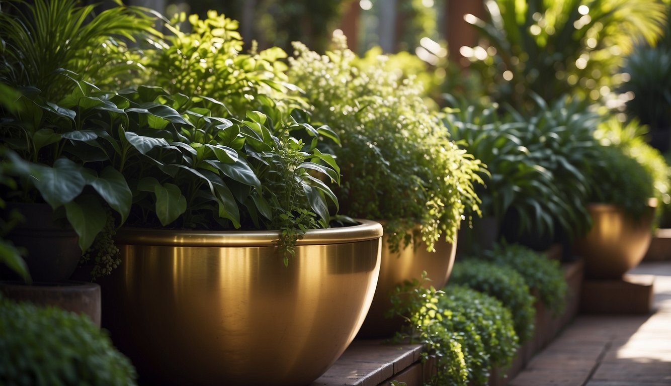A lush garden with vibrant green plants spilling over the edges of large brass planter pots, catching the sunlight in Australia