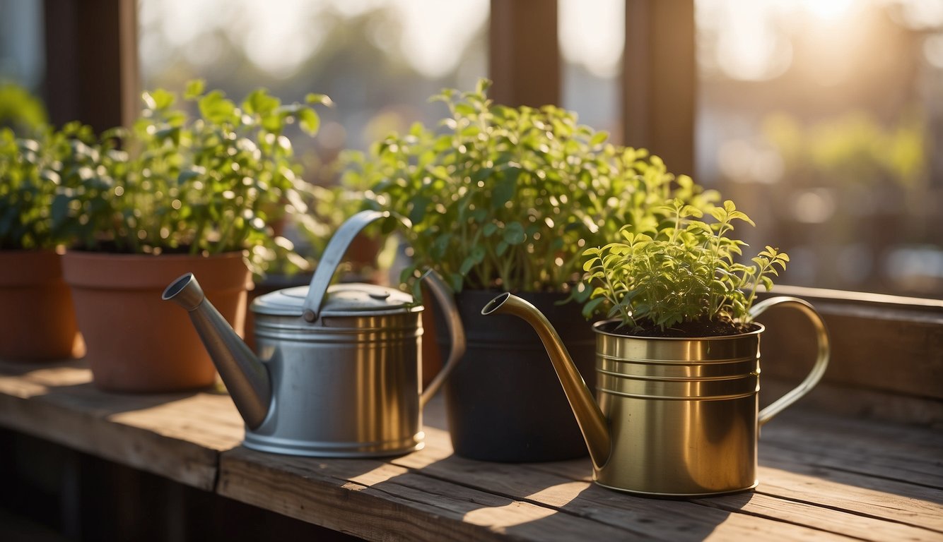 Two brass planter pots sit on a wooden shelf, gleaming in the sunlight. A small watering can and a bag of soil are nearby, ready for caring for the plants