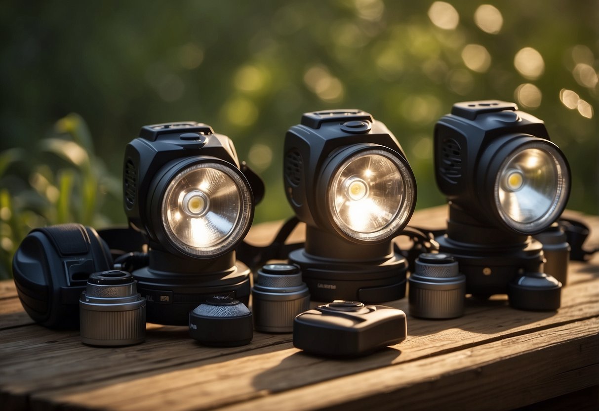 Five headlamps arranged on a wooden table, surrounded by bird watching gear and a field guide. The lamps are small and lightweight, with adjustable straps and bright LED bulbs