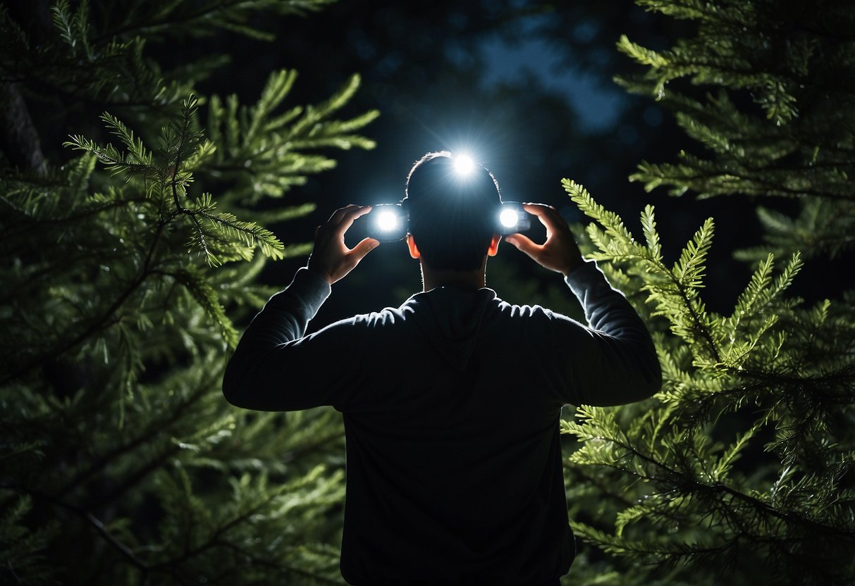 A birdwatcher wearing a lightweight headlamp scans the trees with a Black Diamond Spot 400, illuminating the branches as they search for feathered creatures in the dark