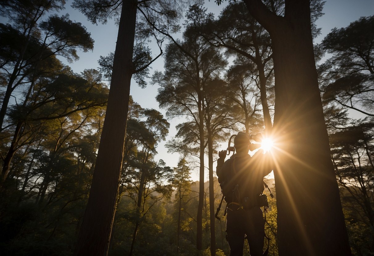 A birdwatcher wearing a Petzl Actik Core headlamp scans the treetops at dusk, the lightweight design providing clear visibility without hindering movement