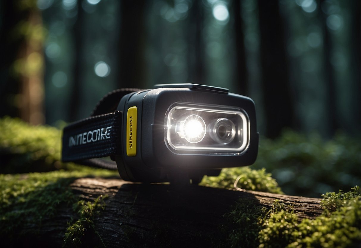 A close-up of a Nitecore NU25 headlamp illuminating a birdwatching scene in a dark forest